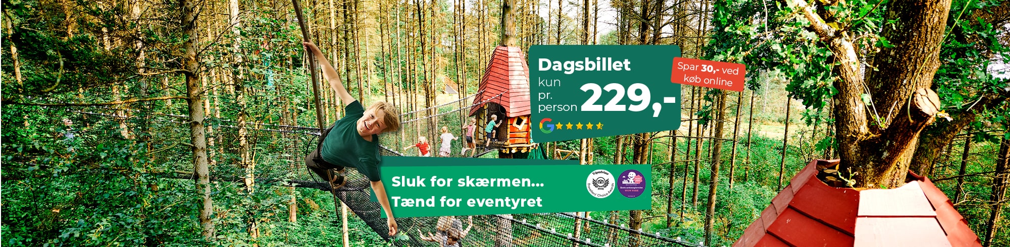 En dreng svæver gennem luften i træerne i WOW PARK. Prisen på entré er sat ind med grafik.