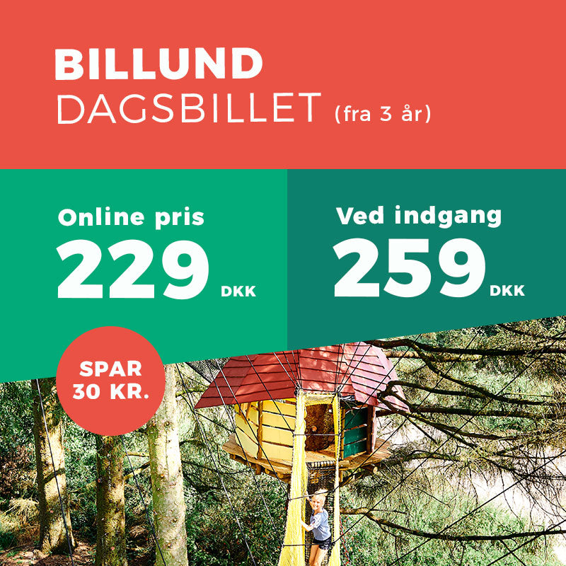 En glad pige går på en gangbro i træerne. Entréprisen ved indgangen og online, i WOW PARK Billund, er sat ind i billedet.