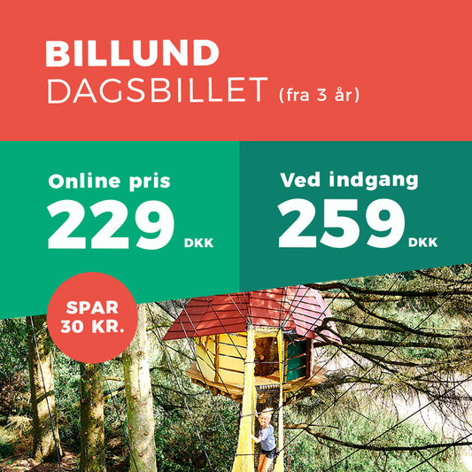 En glad pige går på en gangbro i træerne. Entréprisen ved indgangen og online, i WOW PARK Billund, er sat ind i billedet.