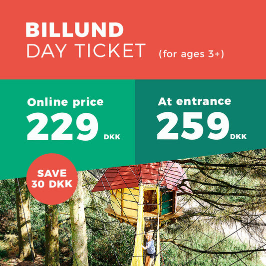 En glad pige går på en gangbro i træerne. Entréprisen ved indgangen og online, i WOW PARK Billund, er sat ind i billedet.