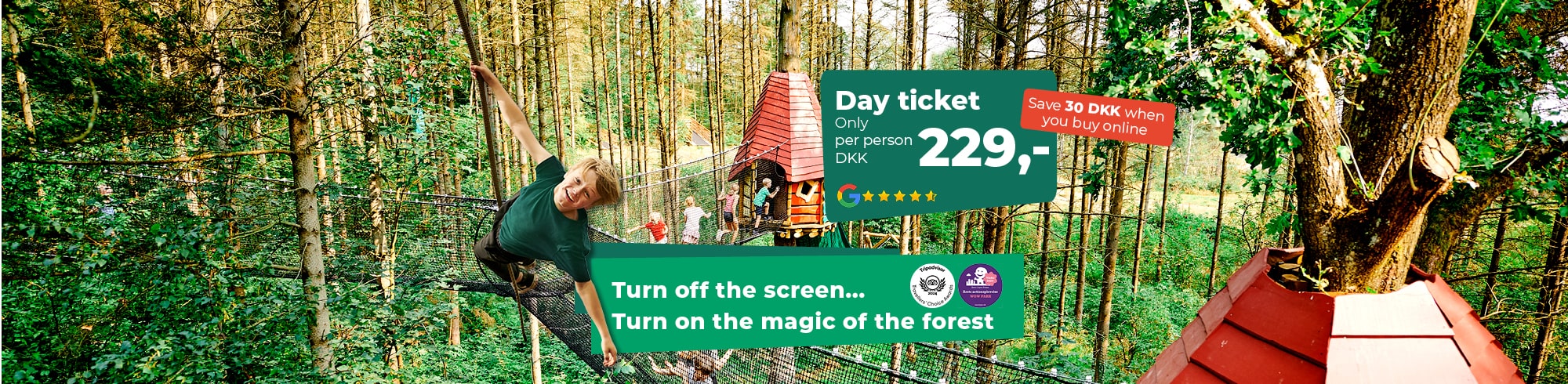 A boy is soaring through the air among the trees at WOW PARK. The entrance price is displayed with graphics.